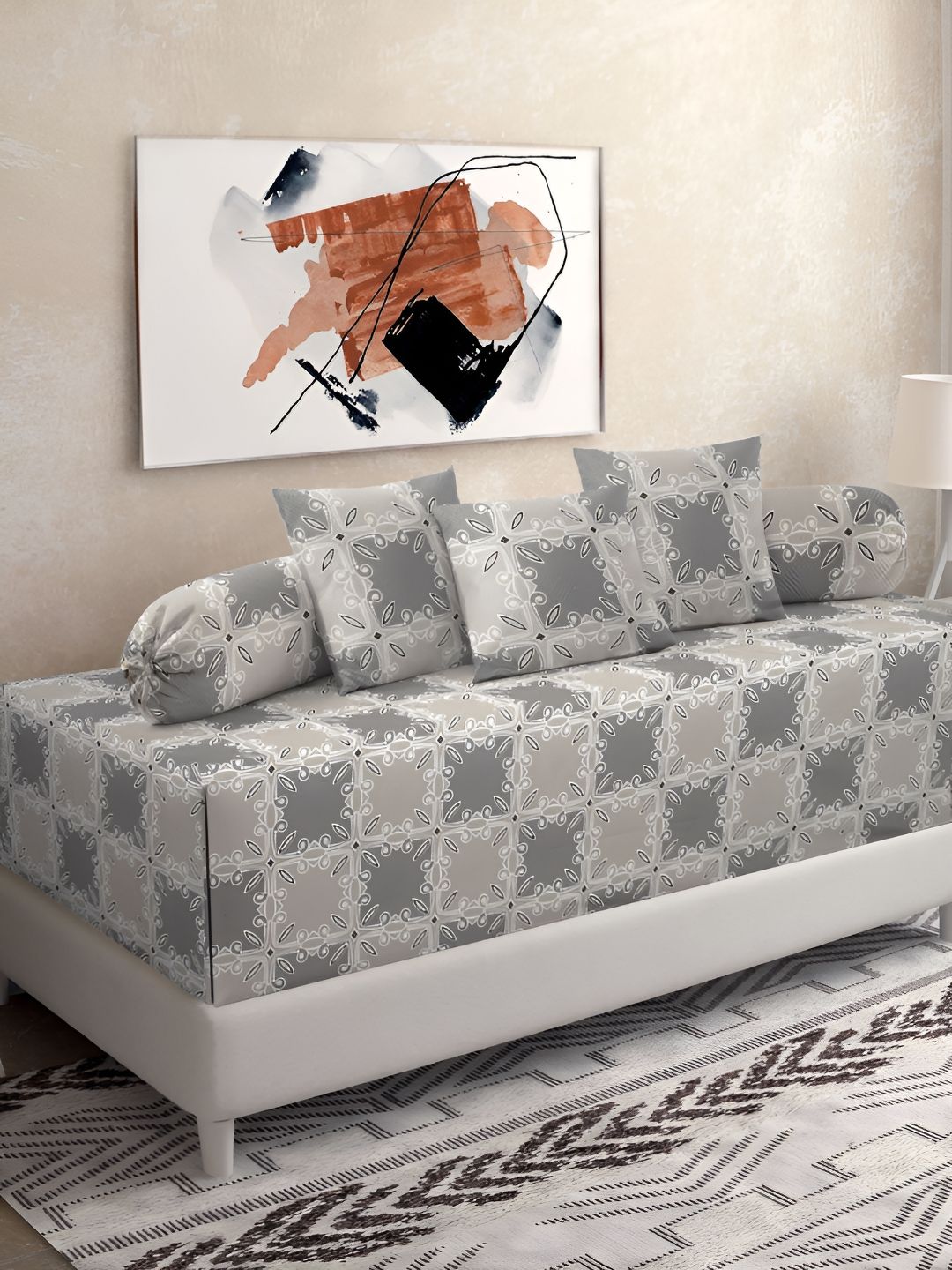 KLOTTHE 6Pcs Grey Floral Printed Pure Cotton Diwan Set-image-36