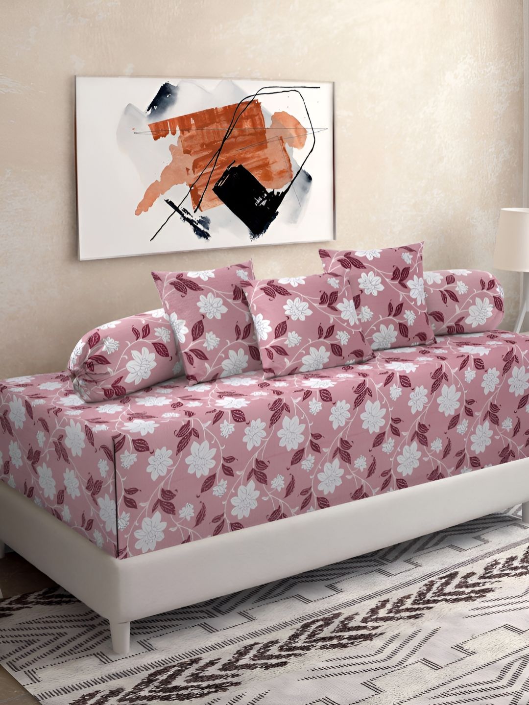 KLOTTHE 6Pcs Pink Floral Printed Pure Cotton Diwan Set-image-35
