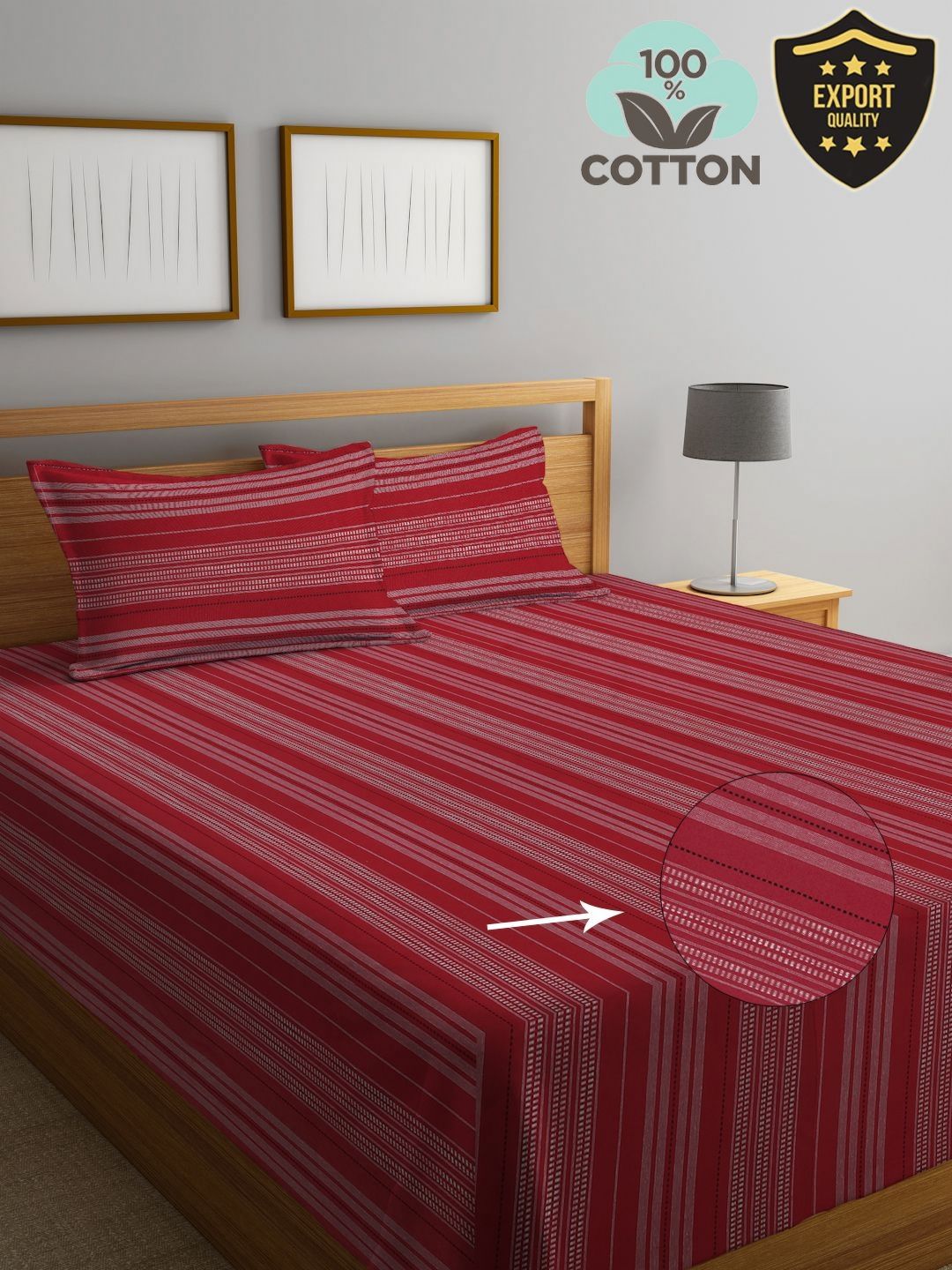 KLOTTHE Red Striped 400TC Pure Cotton King Bed Cover & 2 Pillow Covers
