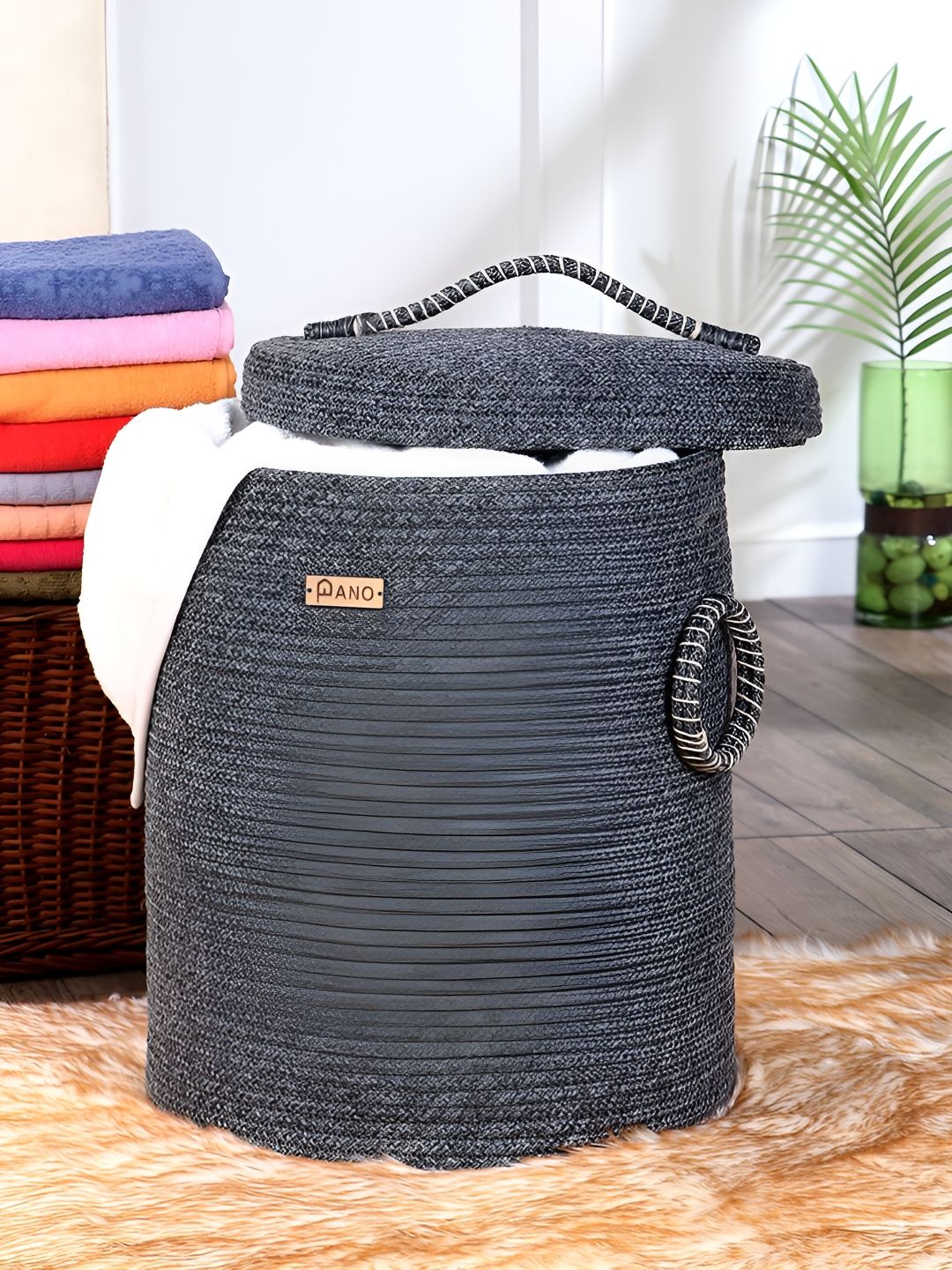 Pano Grey Textured Laundry Bag With Lid-picture-58