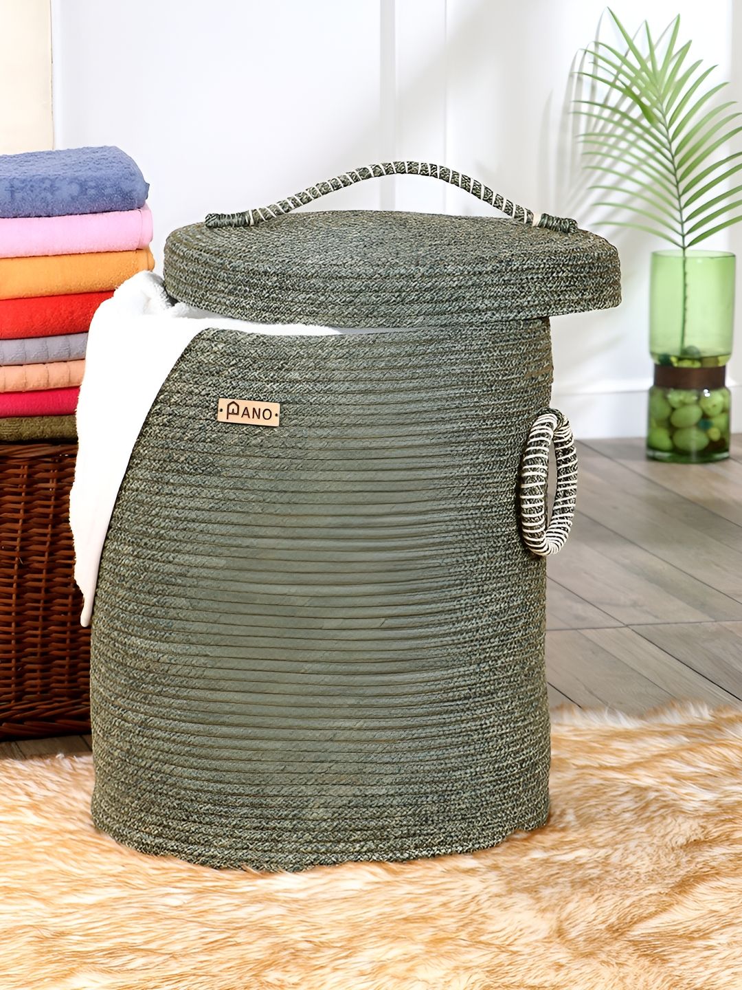 Pano Green & white Laundry Bag With Lid-picture-55