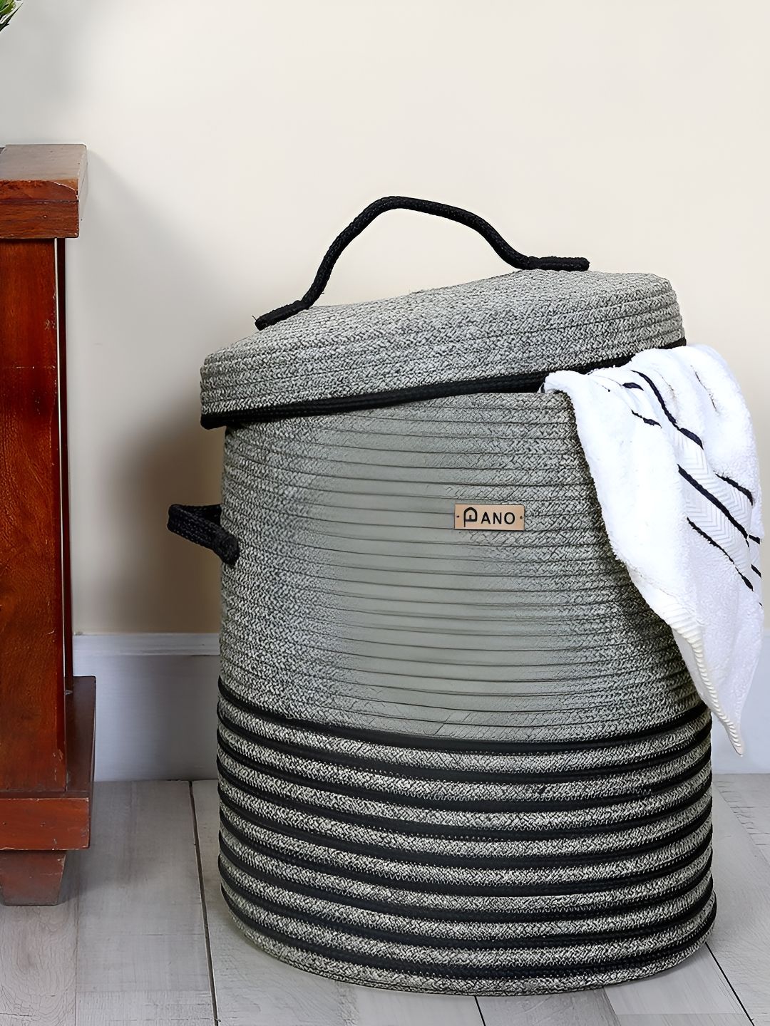 Pano Grey & Black Textured Laundry Bag With Lid-picture-31