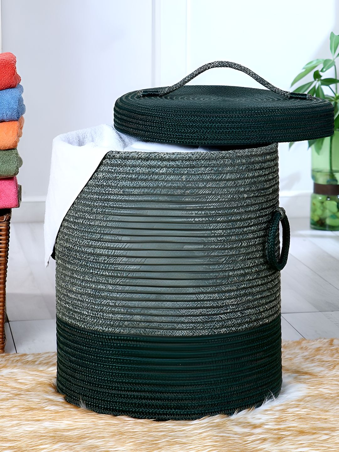 Pano Green & White Striped Laundry Bag With Lid-image-40
