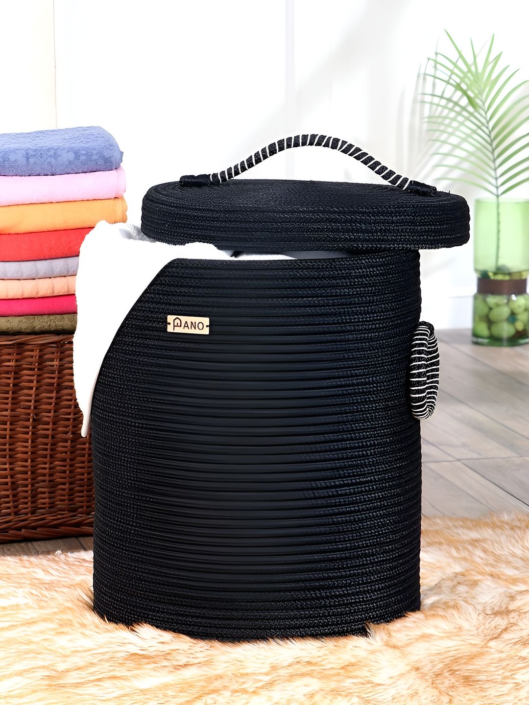 Pano Black Textured Laundry Bag With Lid-picture-48