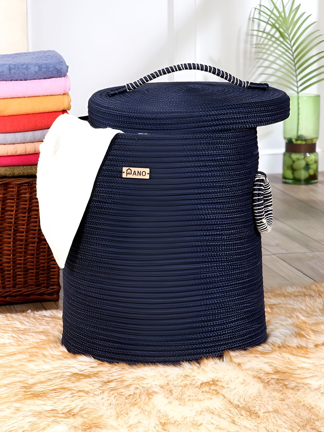 Pano Navy Blue Textured Laundry Bag With Lid-picture-40
