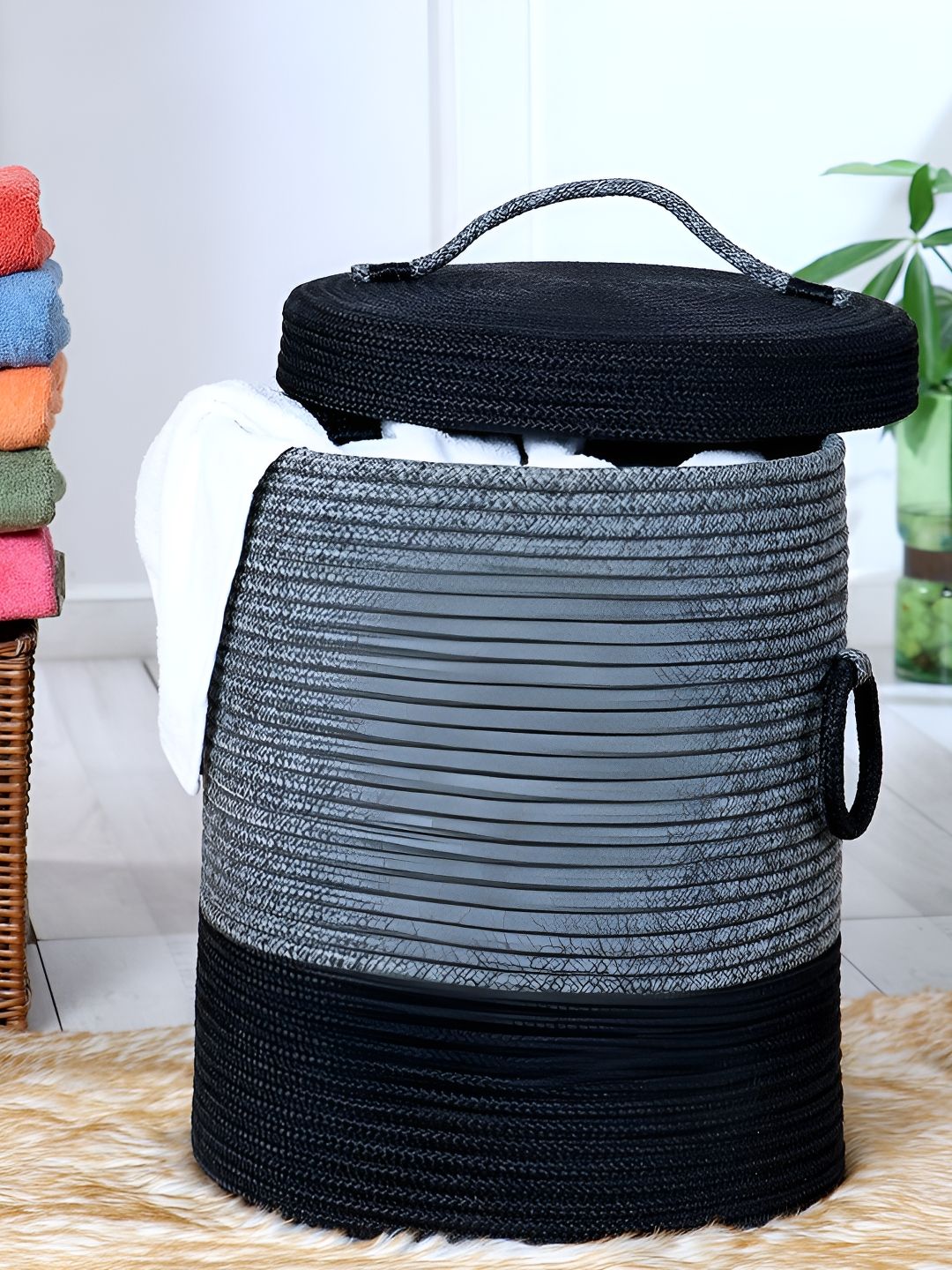Pano Charcoal & Black Striped Laundry Bag With Lid-image-47