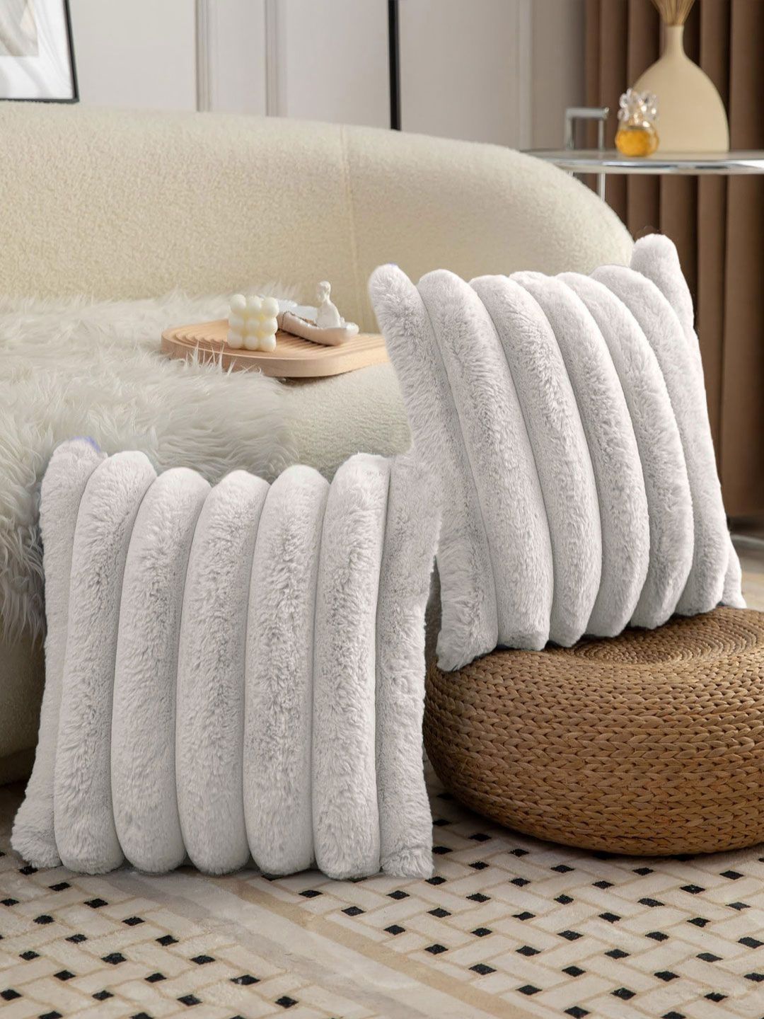 LUXEHOME INTERNATIONAL White & Grey 2 Pieces Striped Rectangle Cushion Covers-picture-16