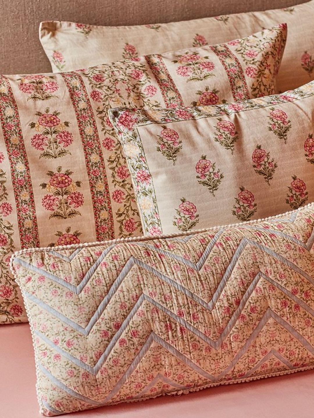 Ritu Kumar Pink & Green Floral Printed Rectangle Cushion Cover