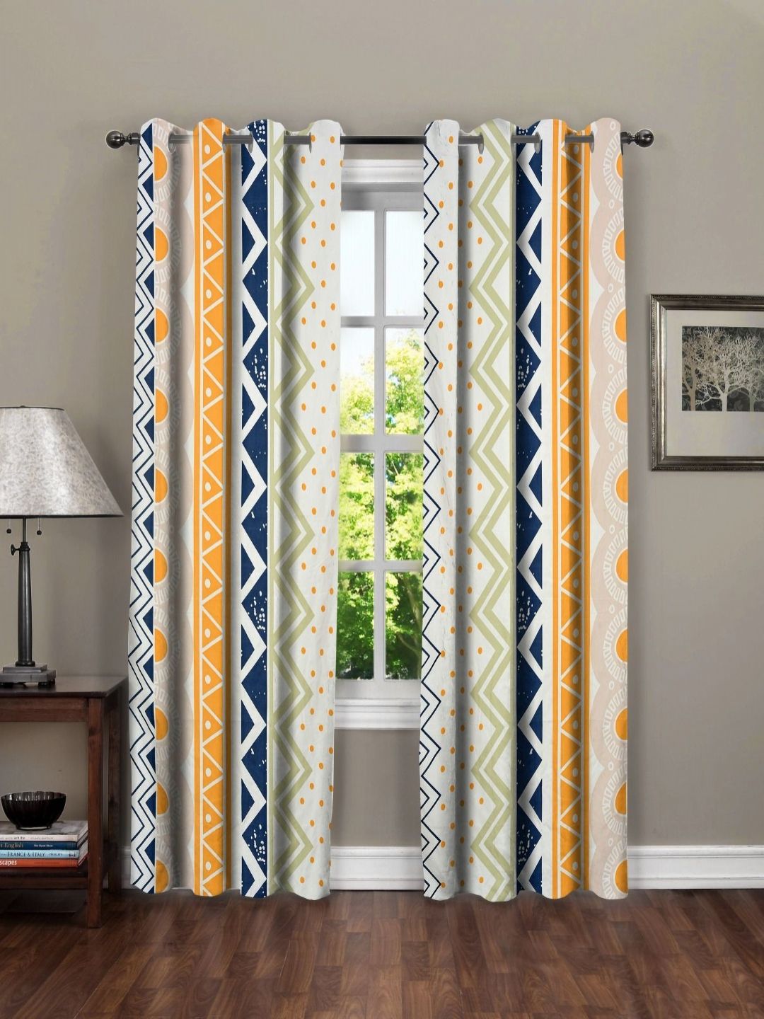 RRC White & Orange 2 Pieces Geometric Printed Long Door Curtain-image-38