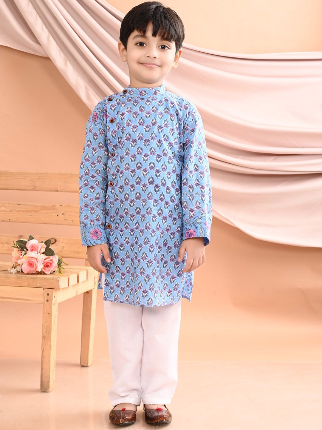 Sangria Boys Blue Floral Printed Pure Cotton Kurta With Pyjama-picture-12