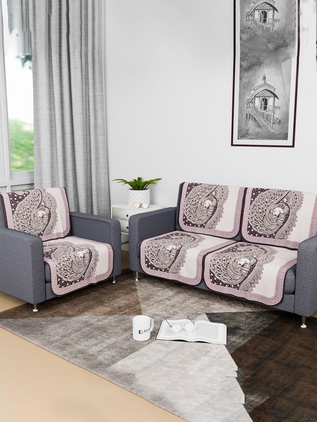 Kuber Industries Purple & Cream-Coloured 6 Pieces Ethnic Motifs Printed Cotton Sofa Cover-picture-24