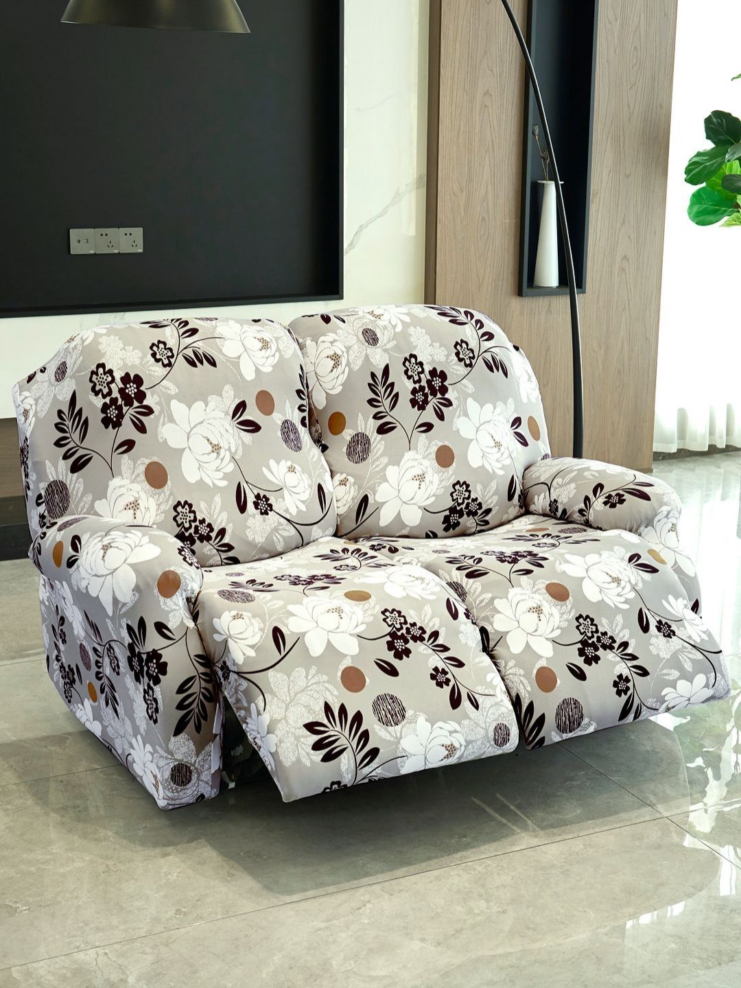 HOKIPO Brown & White 2 Seater Floral Printed Stretchable Sofa Covers With Arms-picture-48