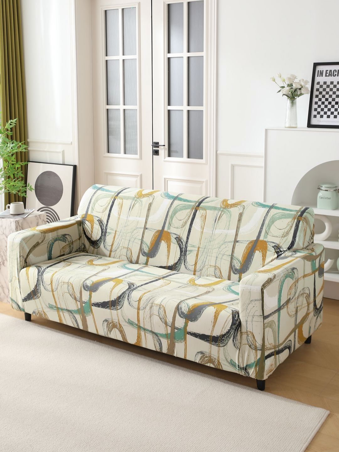 HOKIPO Beige & Black Geometric Printed 3 -Seater Stretchable Sofa Cover With Arms-picture-38
