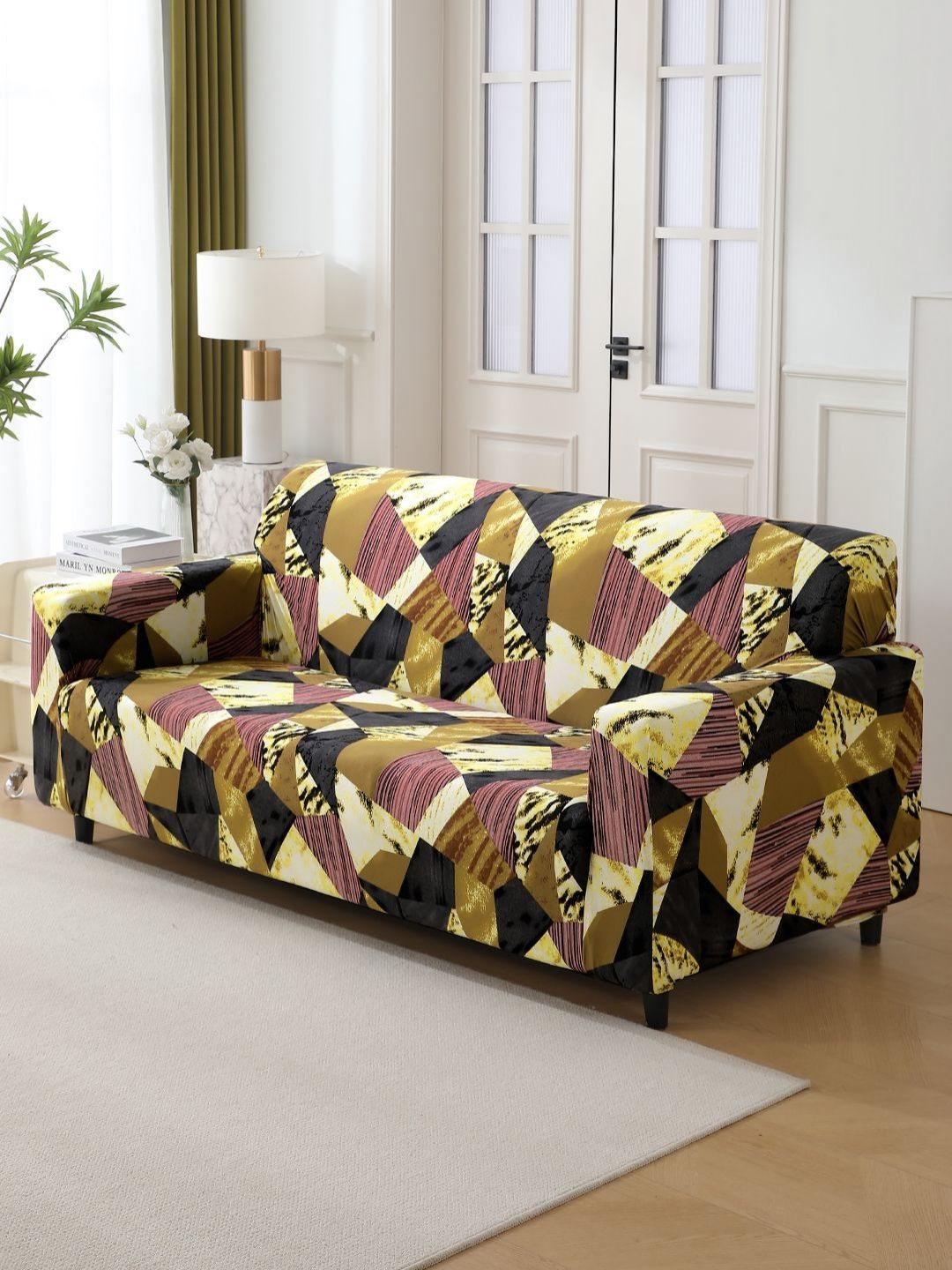 HOKIPO Green & Black Abstract Printed 3-Seater Stretchable Sofa Cover With Arms-picture-0