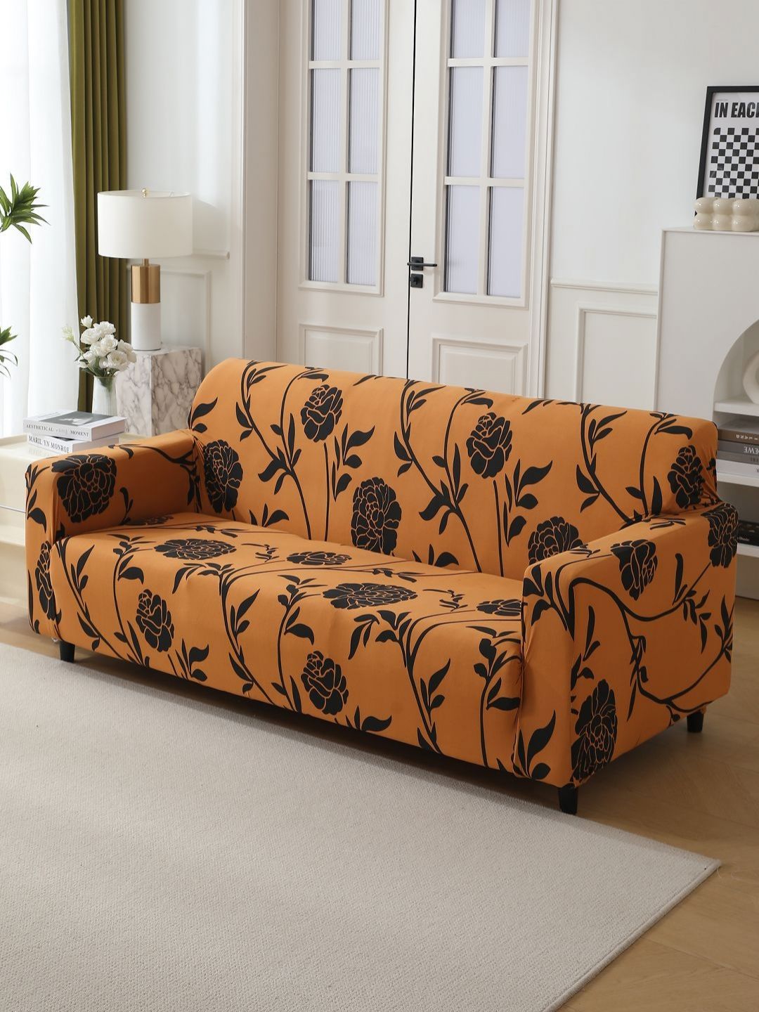 HOKIPO Brown & Black Printed 3-Seater Stretchable Sofa Cover With Arms-picture-54