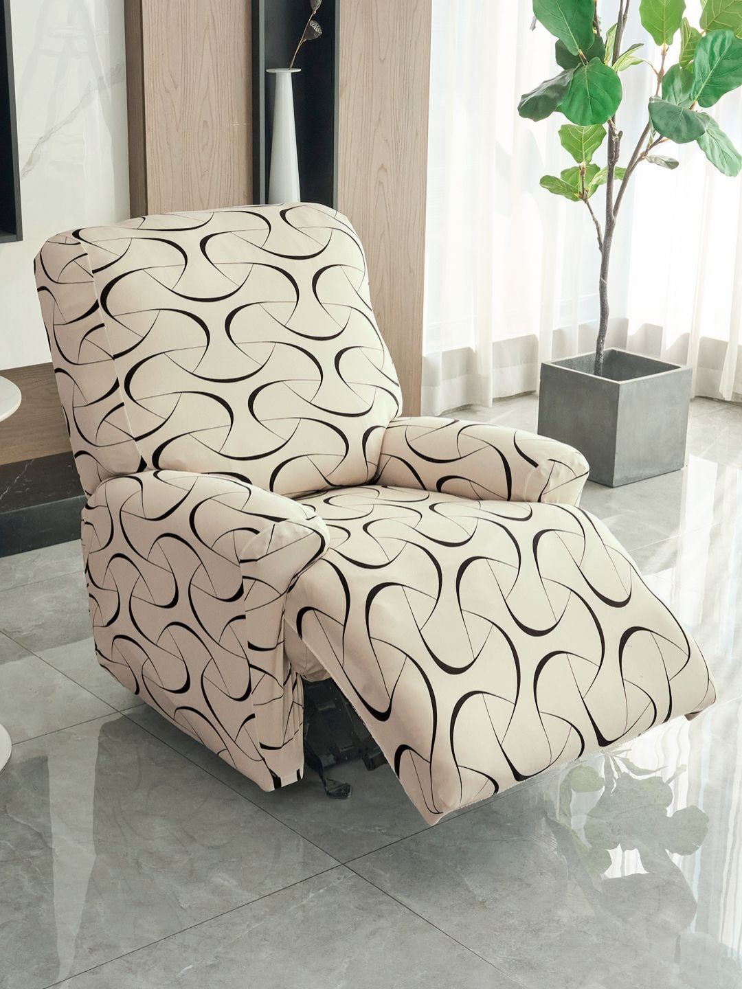 HOKIPO Brown & White 1 Seater Printed Stretchable Sofa Cover With Arms-picture-37