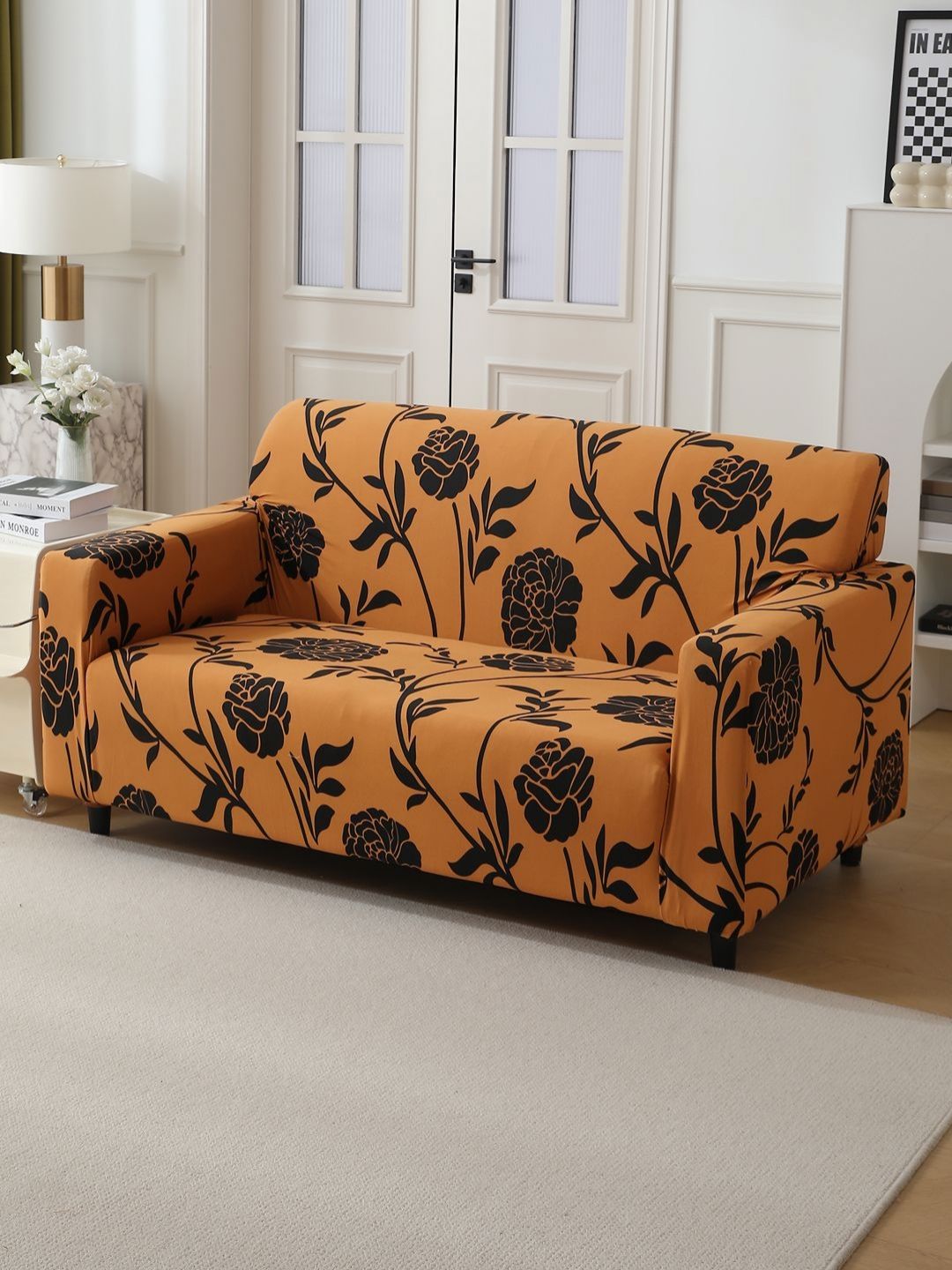 HOKIPO Brown & Black Printed 2-Seater Sofa Cover With Arms-picture-28