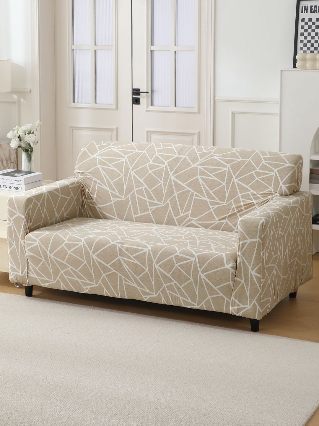 HOKIPO Beige & White Printed 2 Seater Stretchable Sofa Cover With Arms-image-5