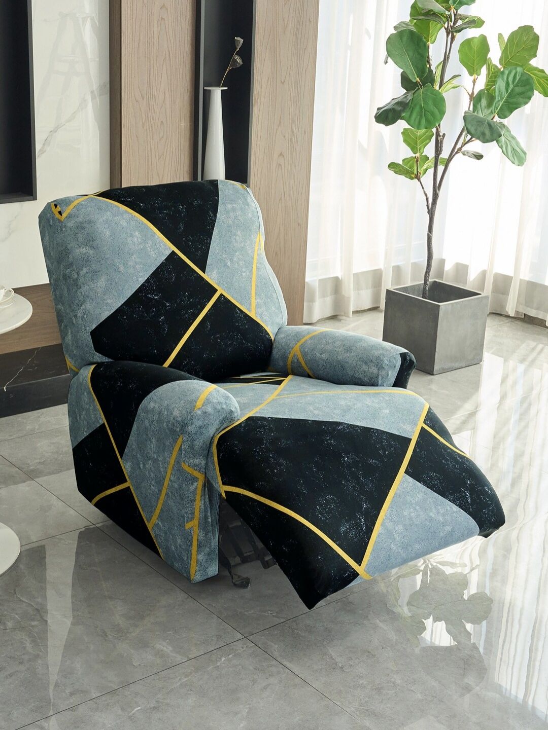 HOKIPO Blue & Black 1 Seater Printed Recliner Sofa Covers With Arms-image-21