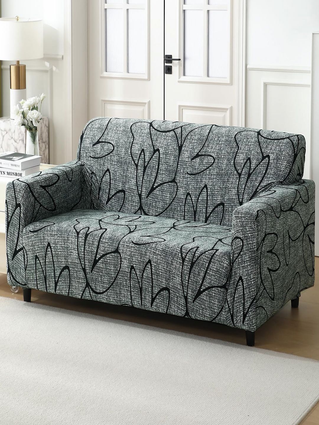 HOKIPO Grey & Black Printed 2-Seater Sofa Cover With Arms-picture-17