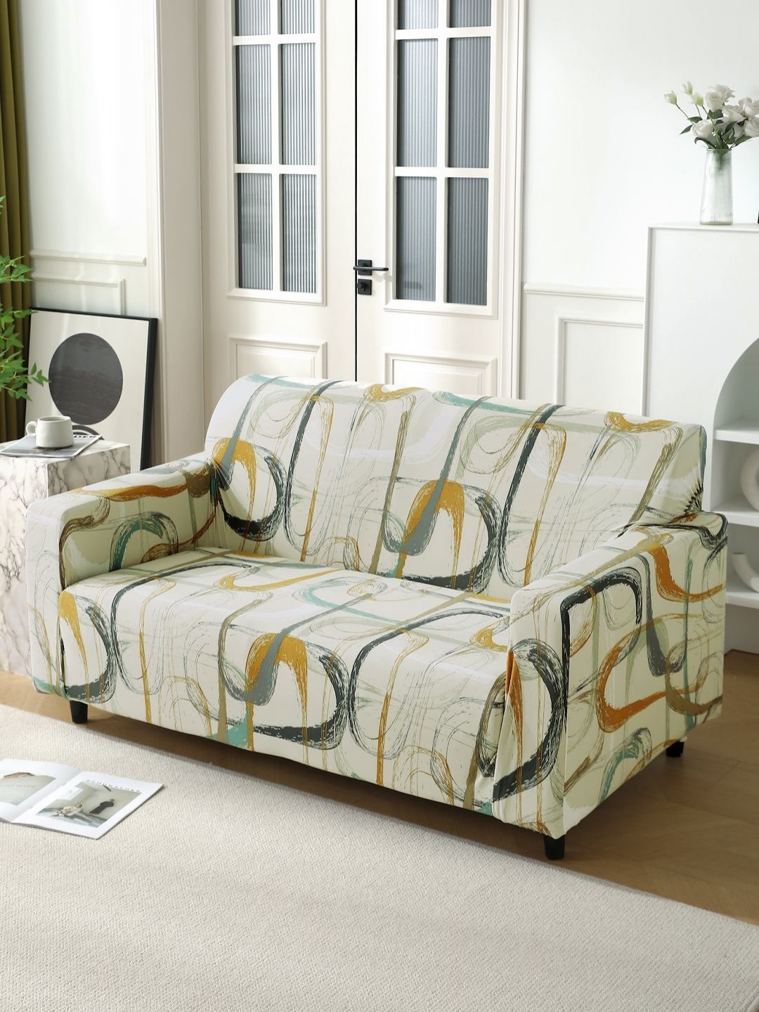 HOKIPO Beige & Black Printed 2-Seater Sofa Cover With Arms-picture-25