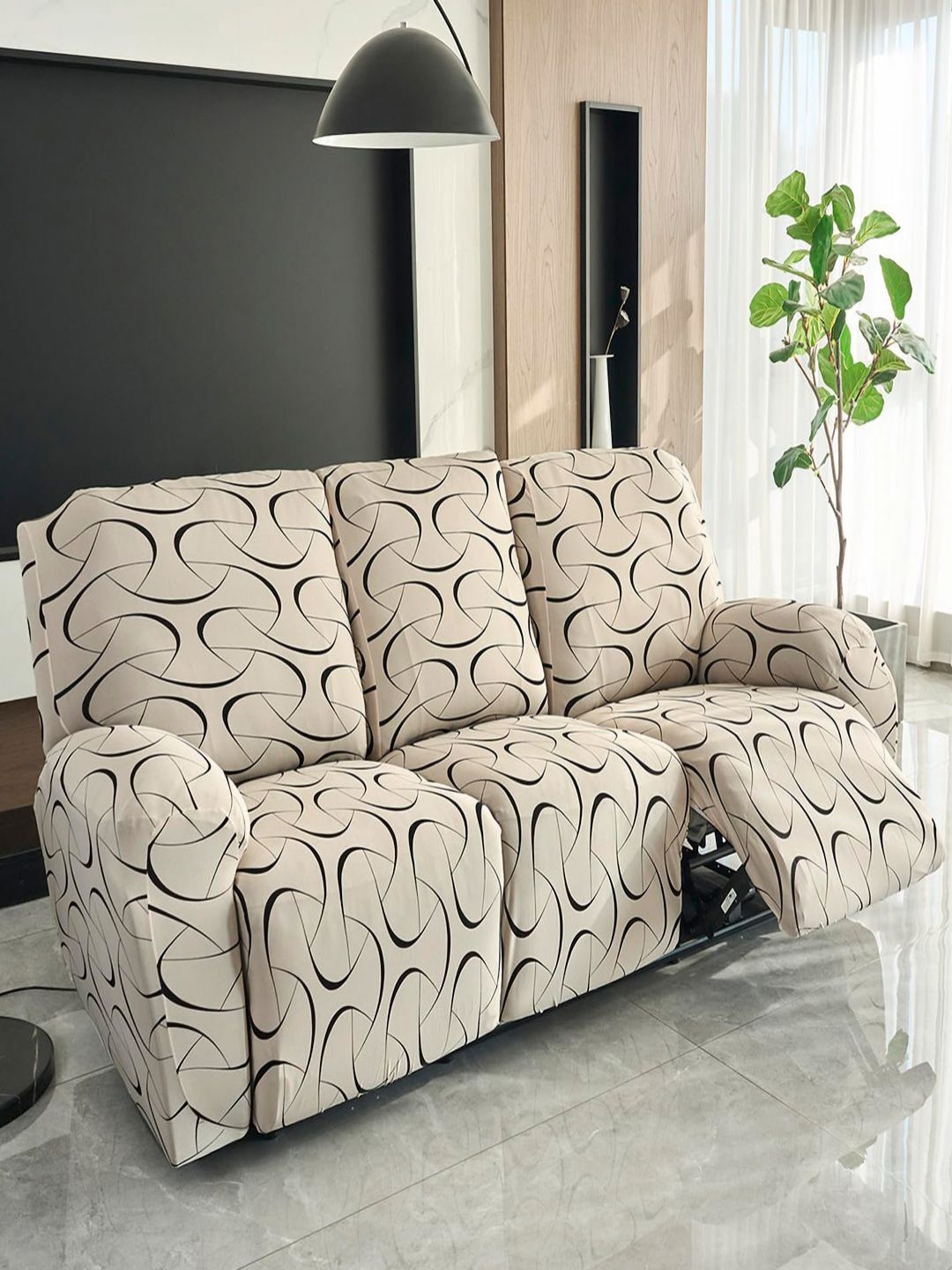 HOKIPO Beige & Black 3 Seater Printed Stretchable Sofa Cover With Arms-picture-3