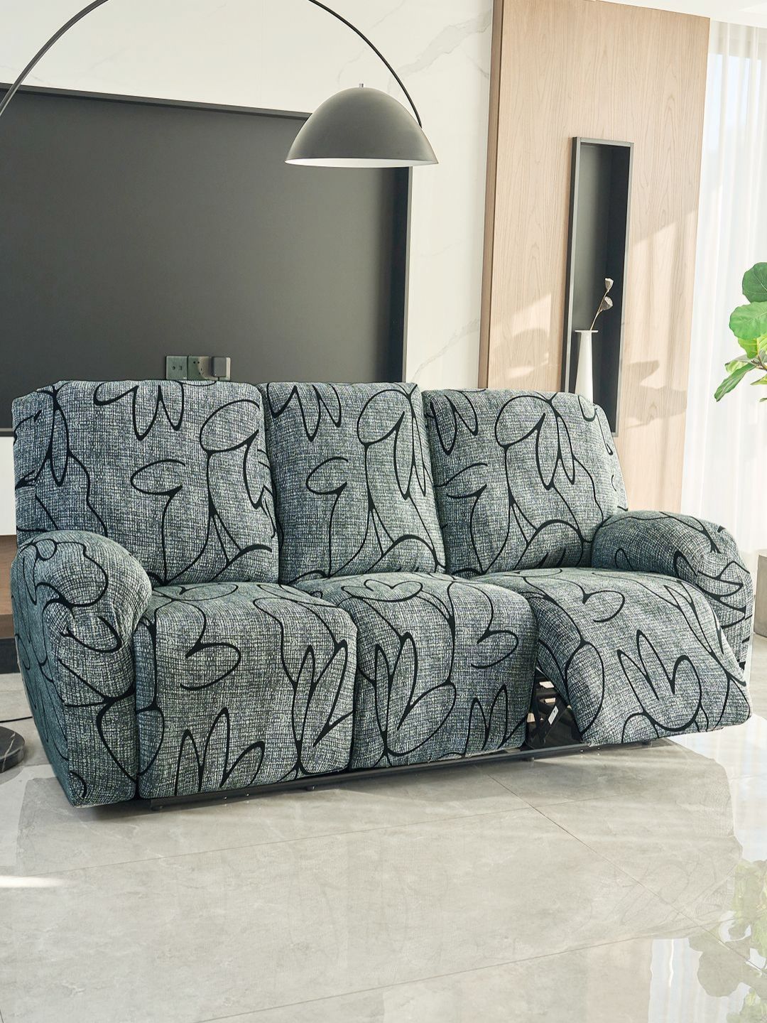HOKIPO Grey & Black 3 Seater Printed Stretchable Sofa Cover With Arms-picture-29