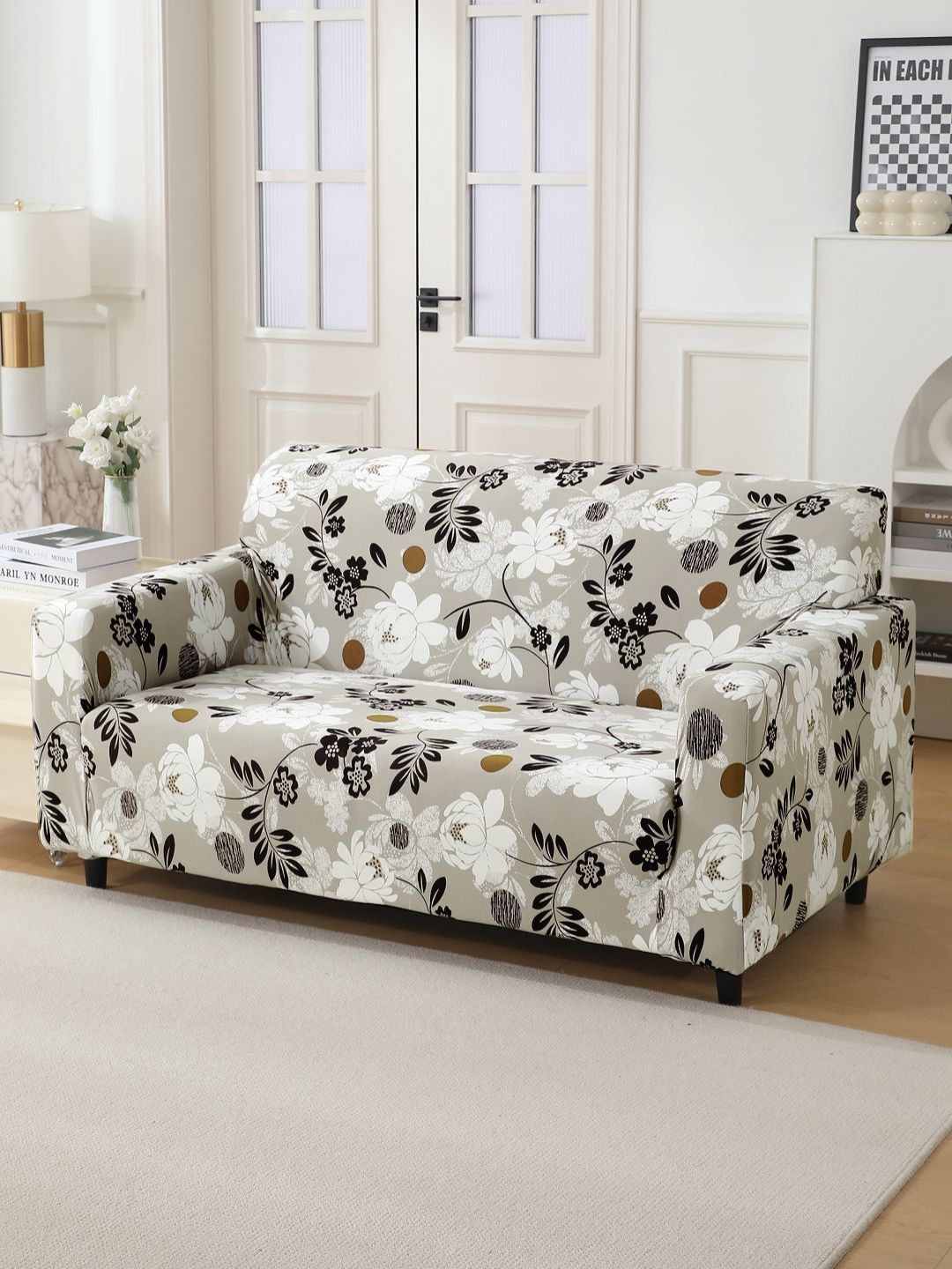 HOKIPO Brown & White Printed 2 Seater Sofa Cover With Arms-image-34
