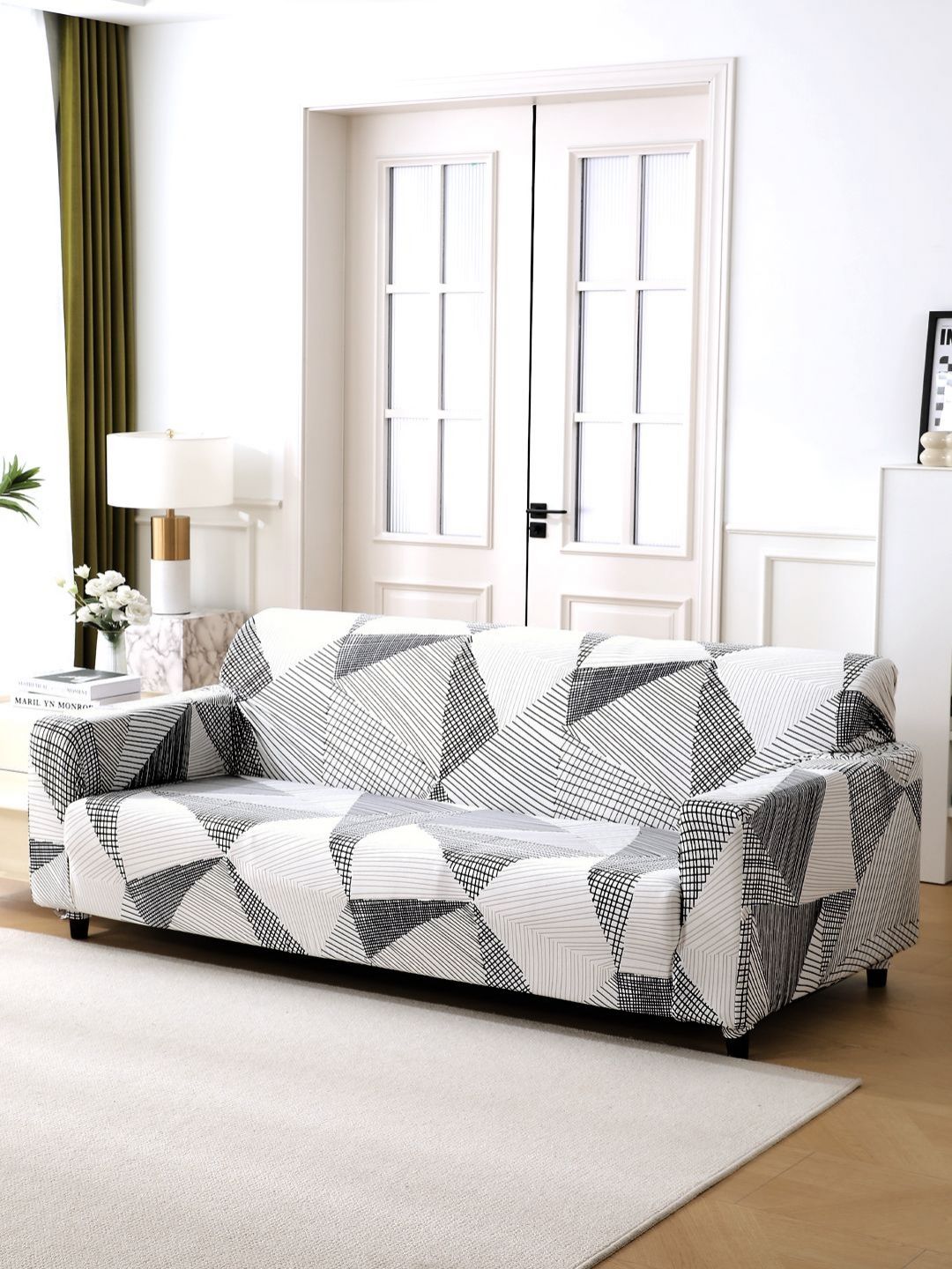 HOKIPO White & Black Printed Polyester 4 Seater Sofa Cover With Arms-picture-21