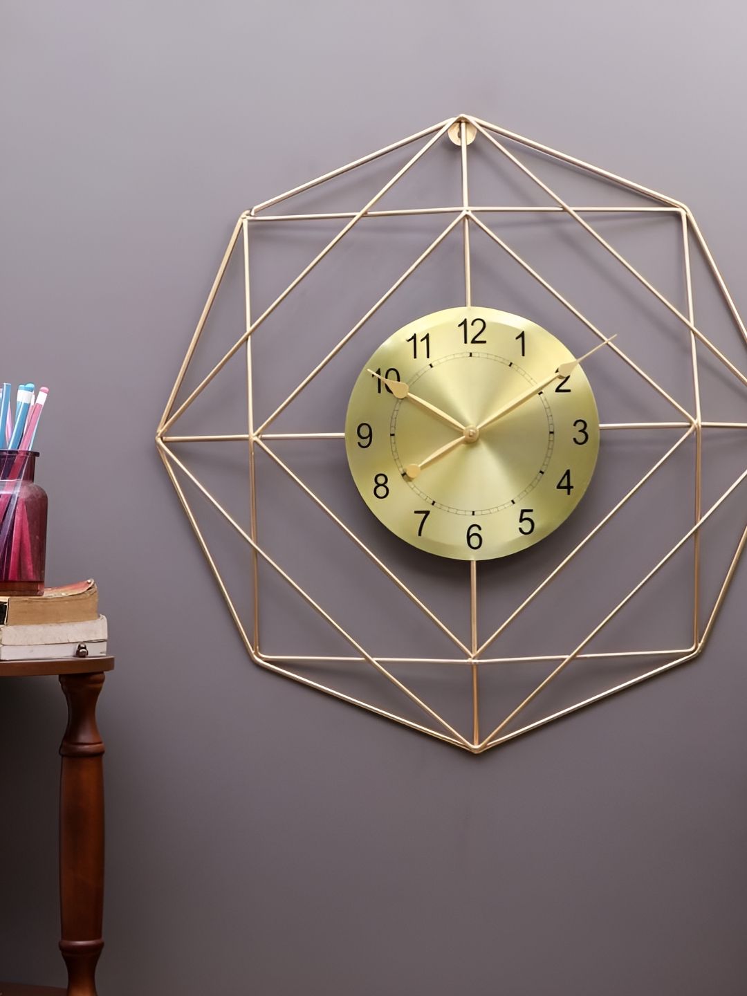 Amaya Decors Gold toned Analogue Contemporary Hexagon Wire Wall Clock-image-39