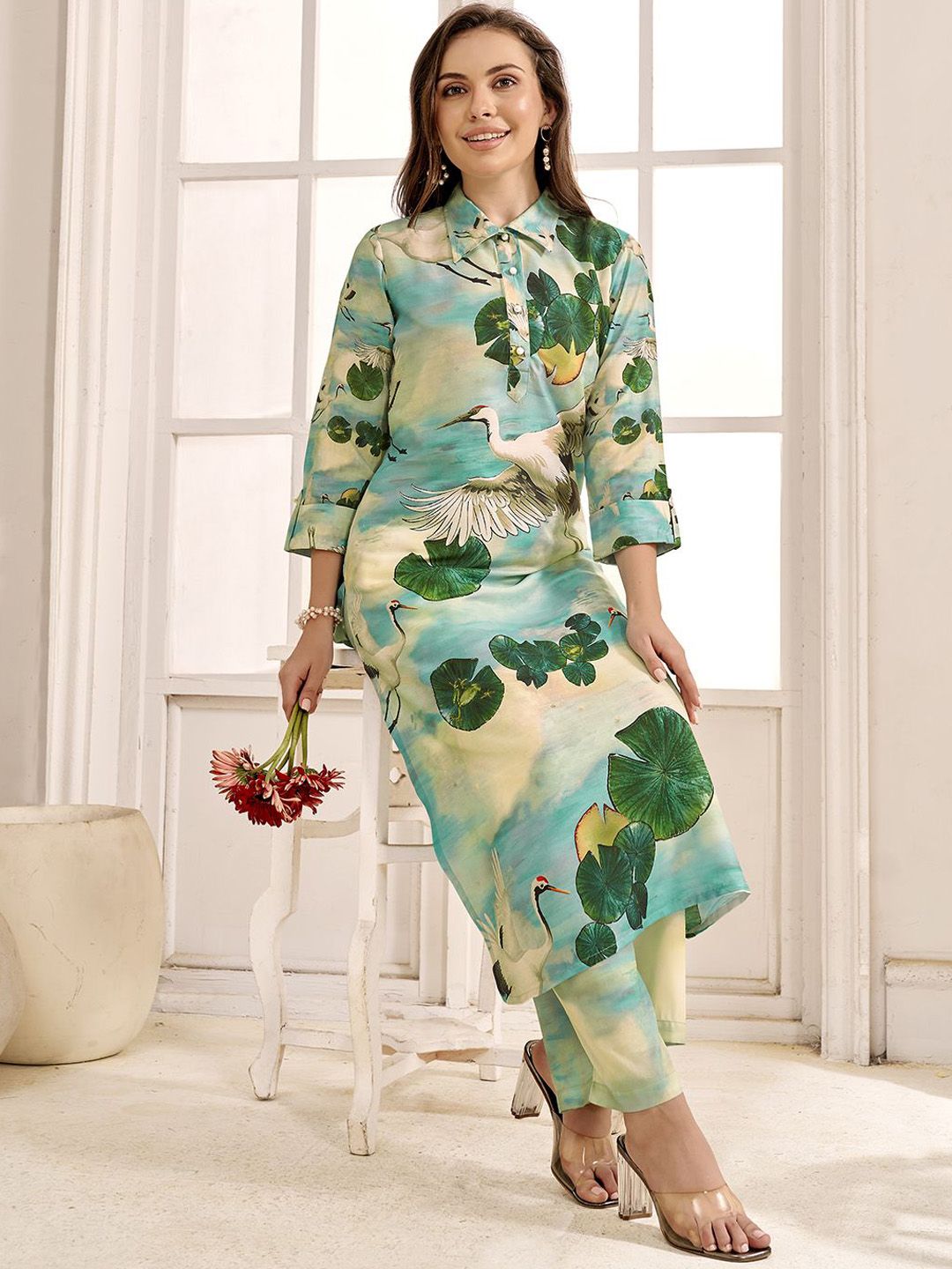 Anouk Beige Abstract Printed Shirt Collar Tunic & Trouser-picture-26