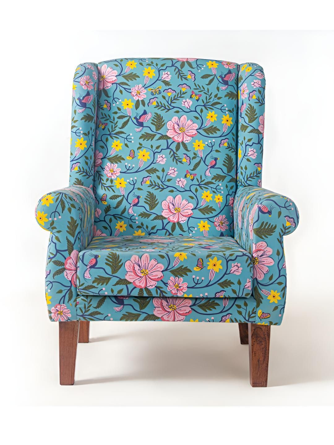 Chumbak Teal Green & Pink Printed Wing Chair