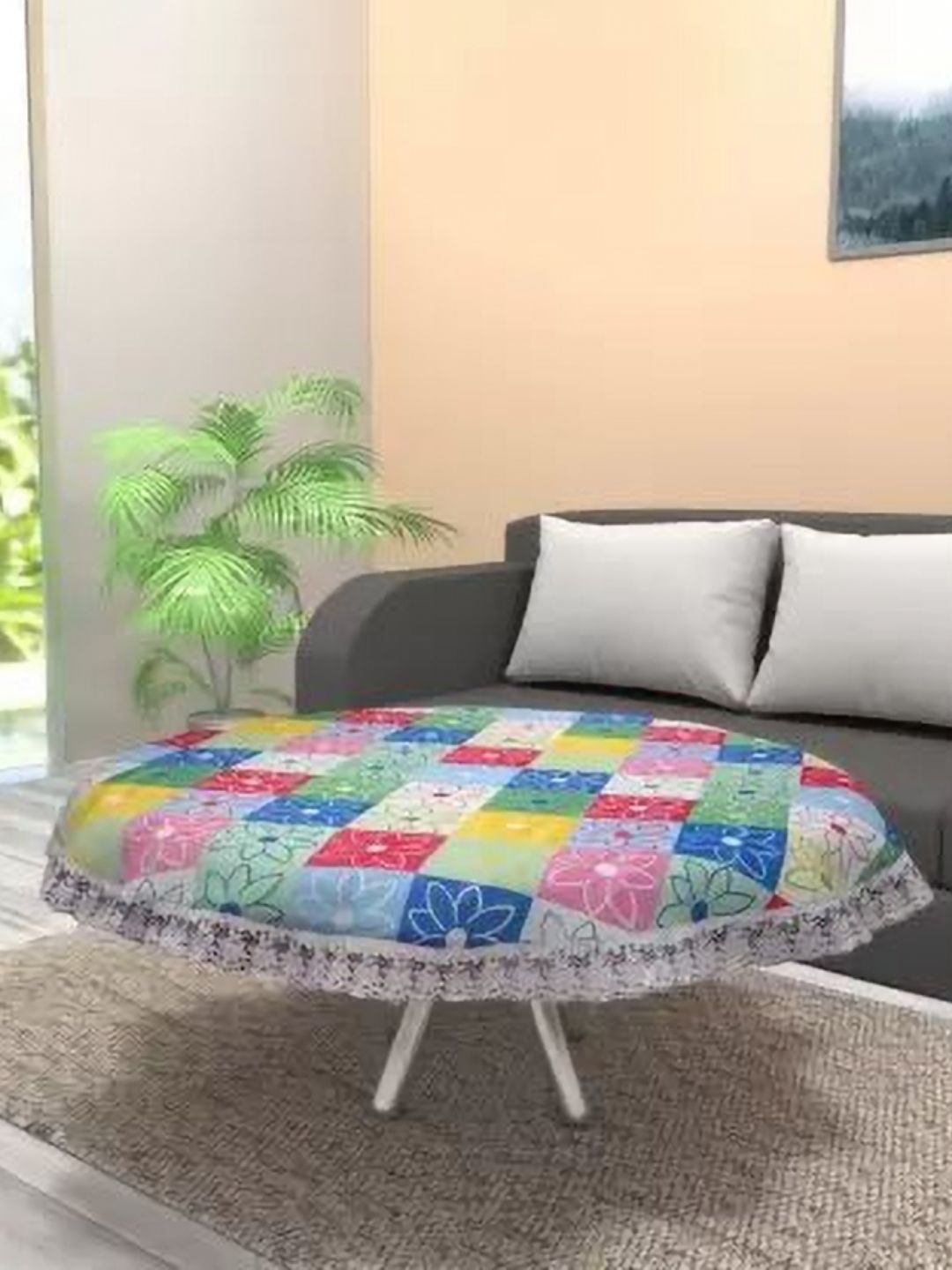 Dakshya Industries White & Blue Floral Printed Embellished Waterproof Round Table Cover-picture-43