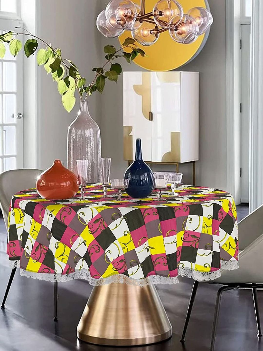 Dakshya Industries Yellow Geometric Printed Waterproof Round 4-Seater Table Cover-picture-36