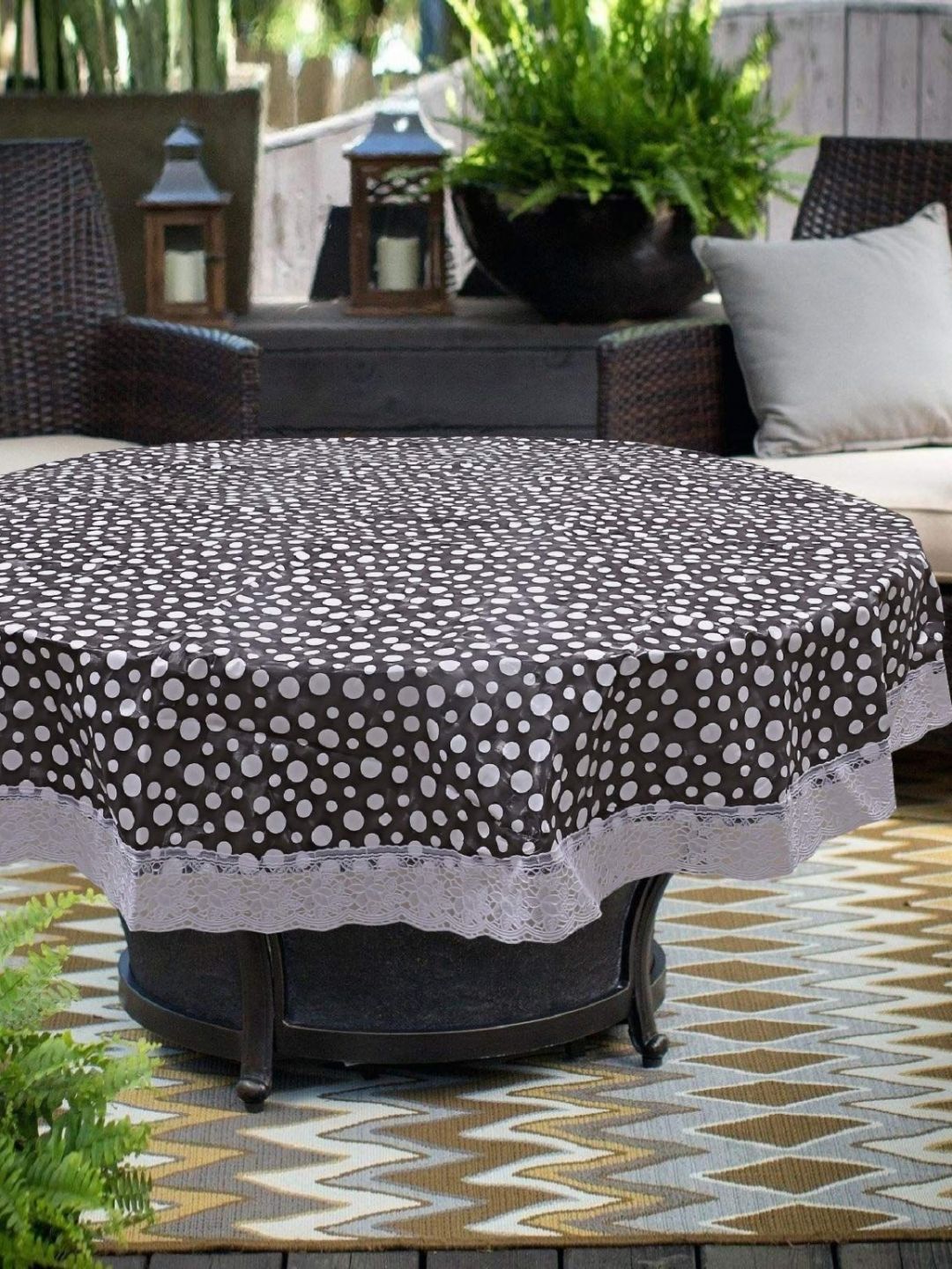 Dakshya Industries Black Polka Dots Printed Waterproof Round 4-Seater Table Cover-image-31