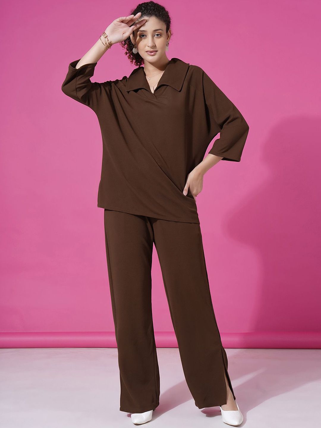 Selvia Shirt Collar Top With Trousers