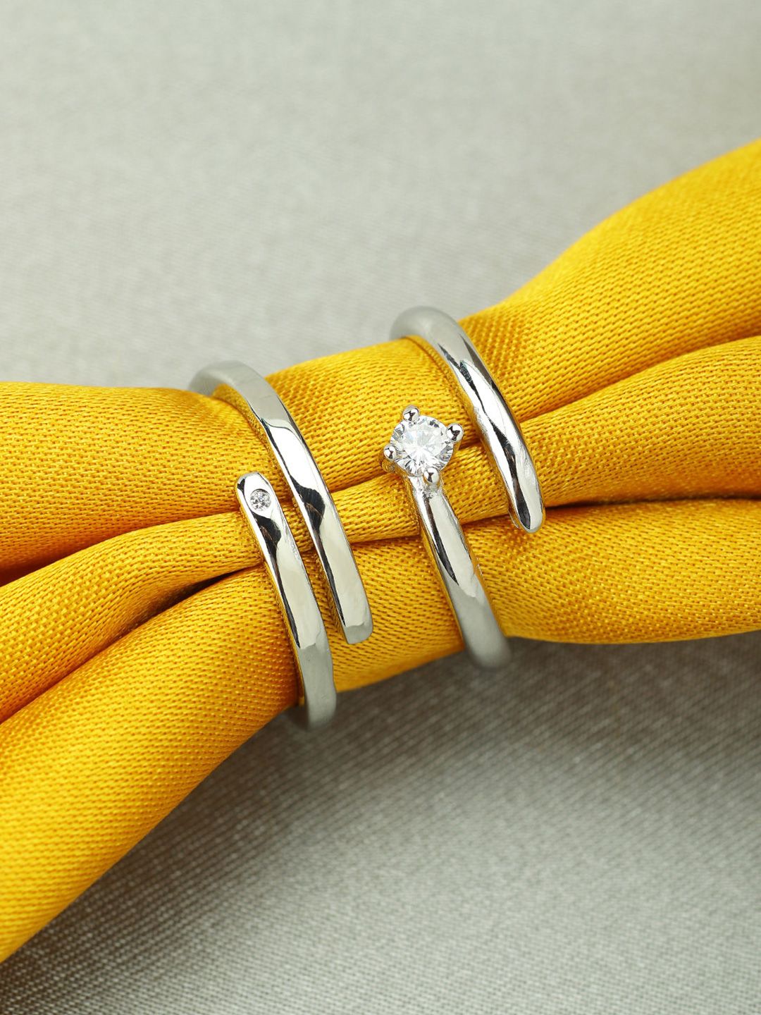 Peora Silver-Toned Platinum-Plated Stone-Studded Couple Ring Set-picture-38