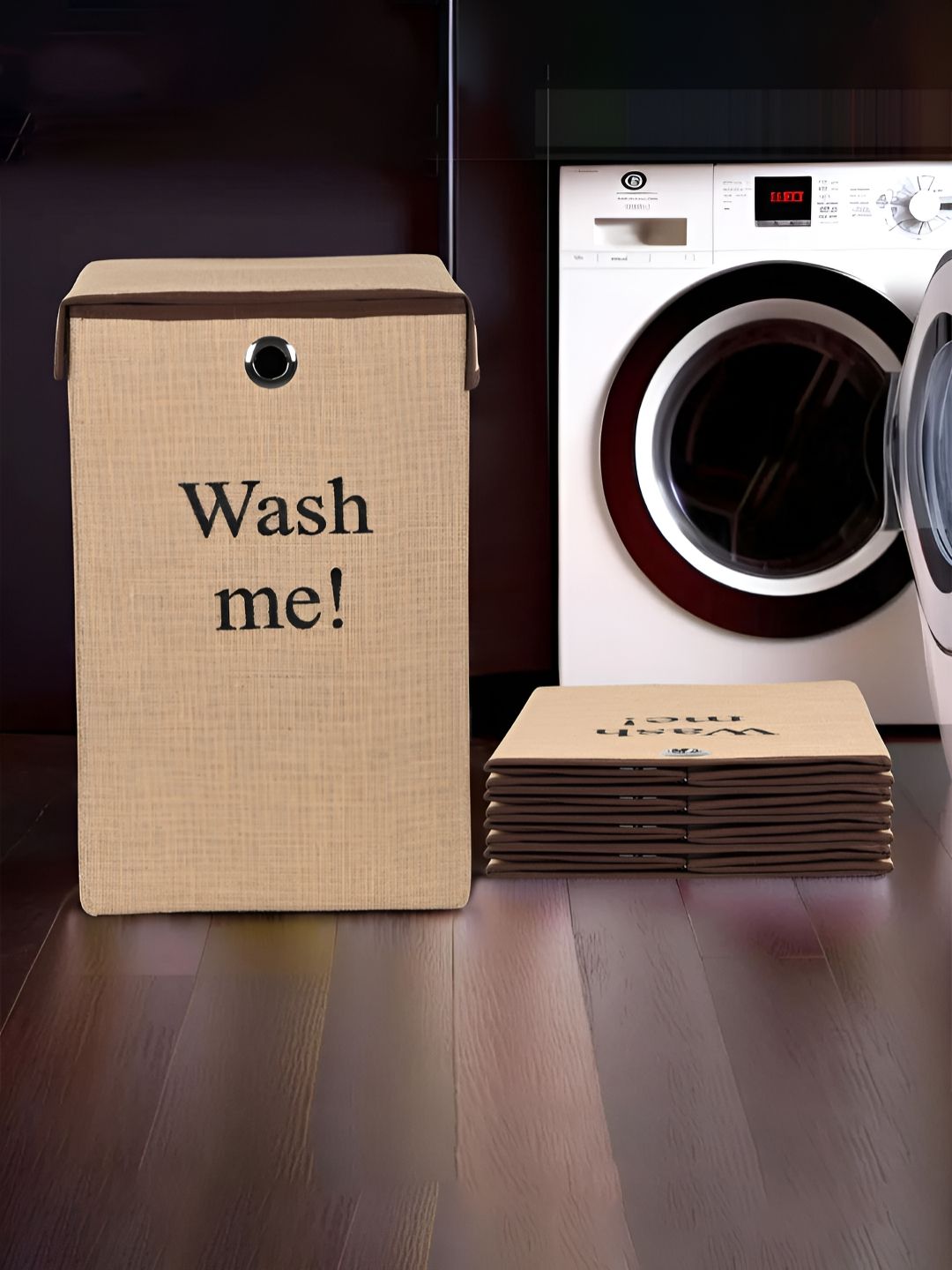 Kuber Industries 5 Pcs Brown Printed Foldable Laundry Baskets With Ring-75-L