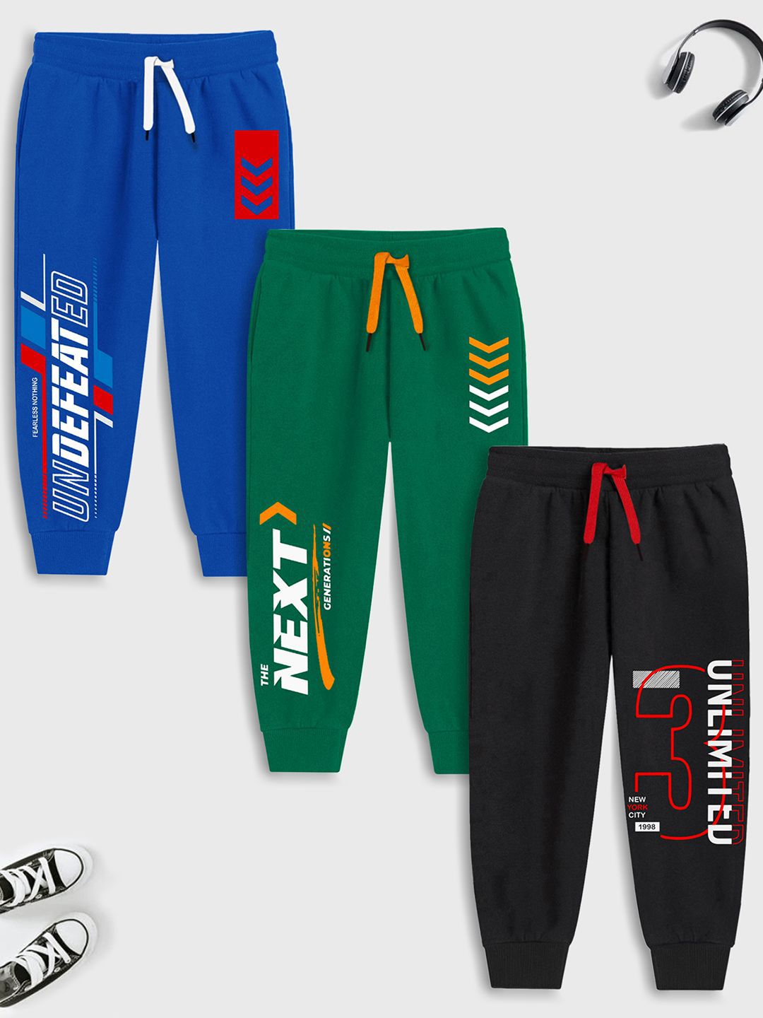 YK X Trampoline Kids Pack Of 3 Printed Cotton Mid Rise Joggers-picture-38