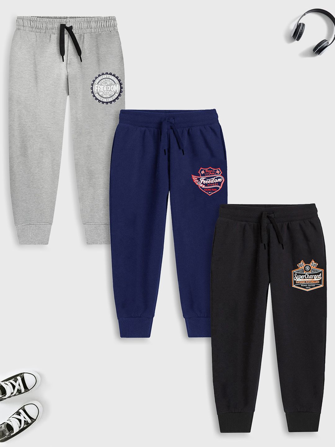 YK X Trampoline Kids Pack of 3 Printed Cotton Mid-Rise Joggers