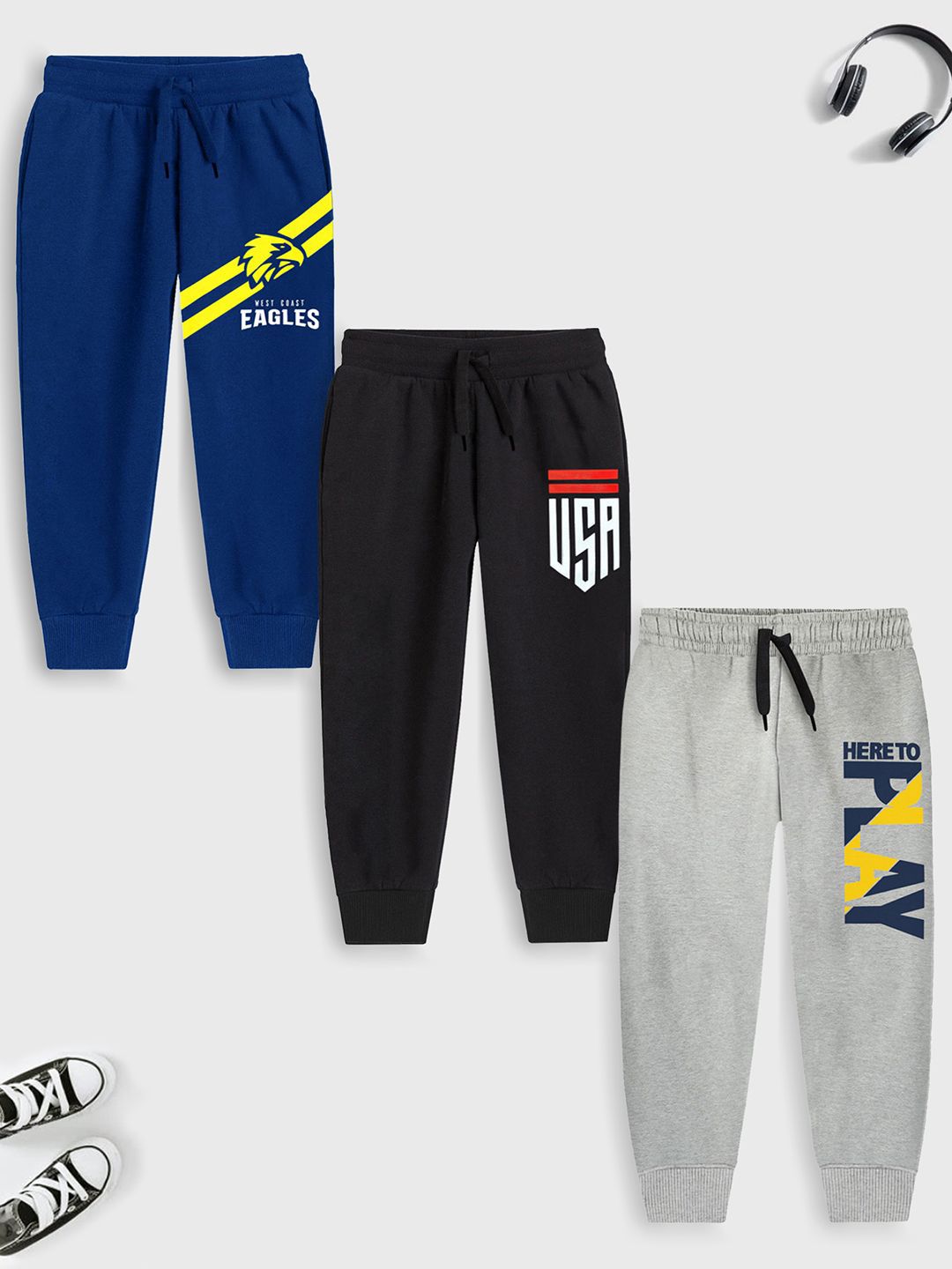 YK X Trampoline Kids Pack Of  3 Printed Mid-Rise Joggers