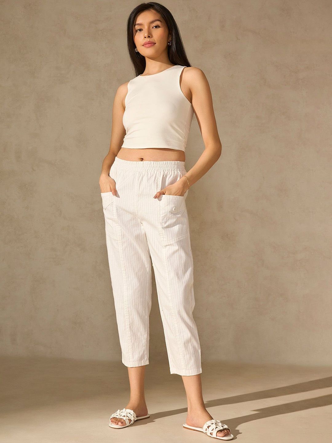 Women Coffee Mid-Rise Straight-Fit Cotton Trousers main image 1