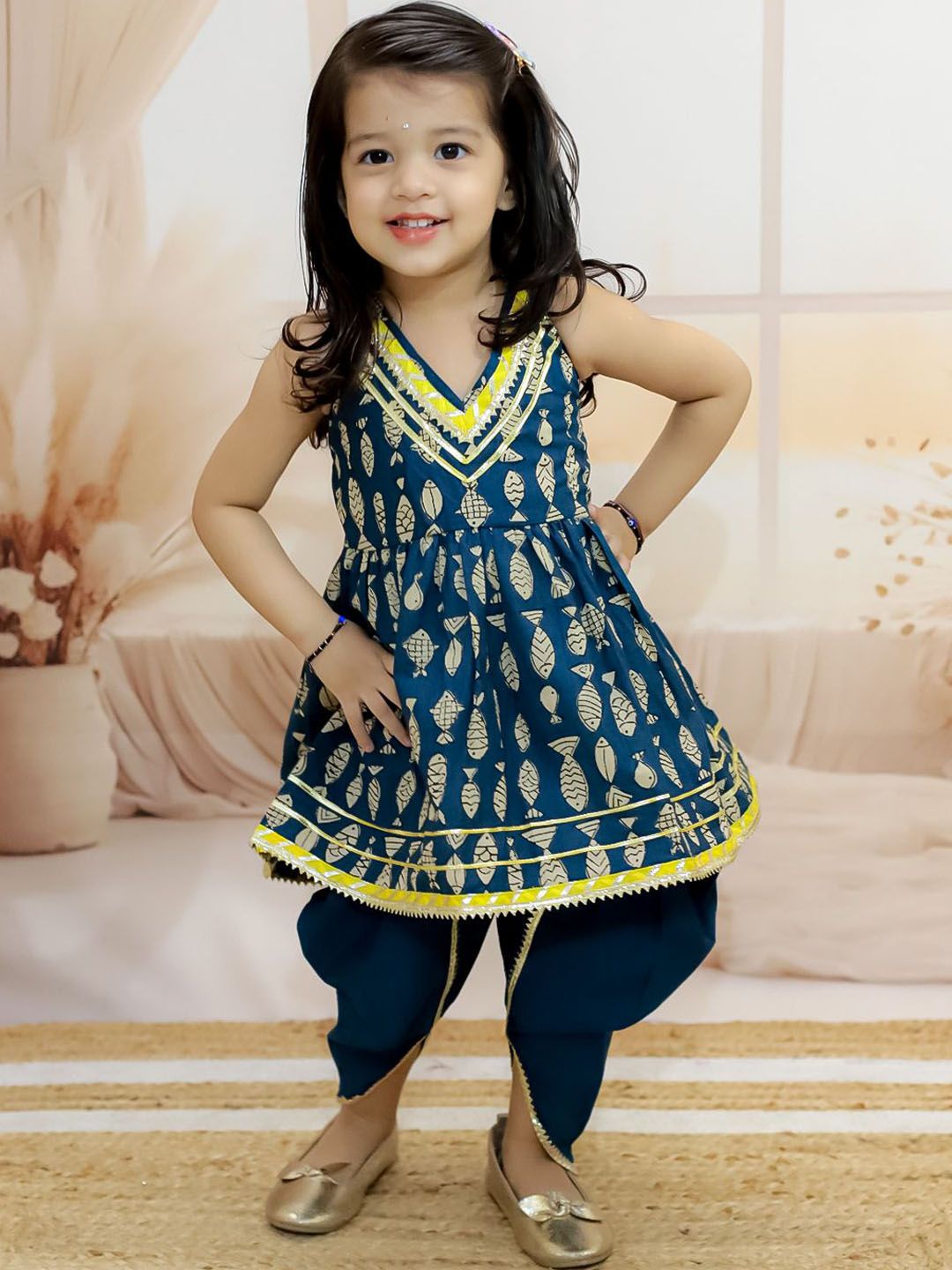 BownBee Girls Ethnic Motifs Printed Regular Pure Cotton Kurta with Dhoti Pants-picture-13