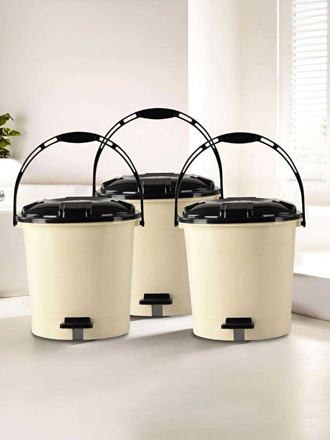 Kuber Industries Pack of 3 Cream & Black Pedal Dustbin