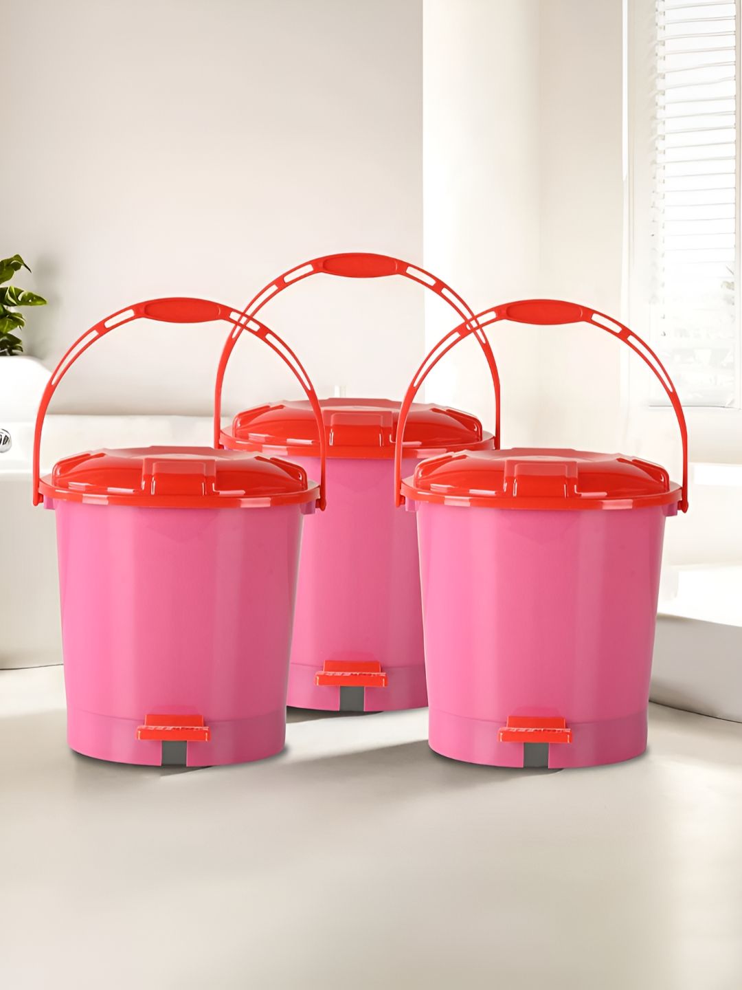 Kuber Industries  Pack of 3 Pink & Red Plastic  Pedal Dustbin-picture-21