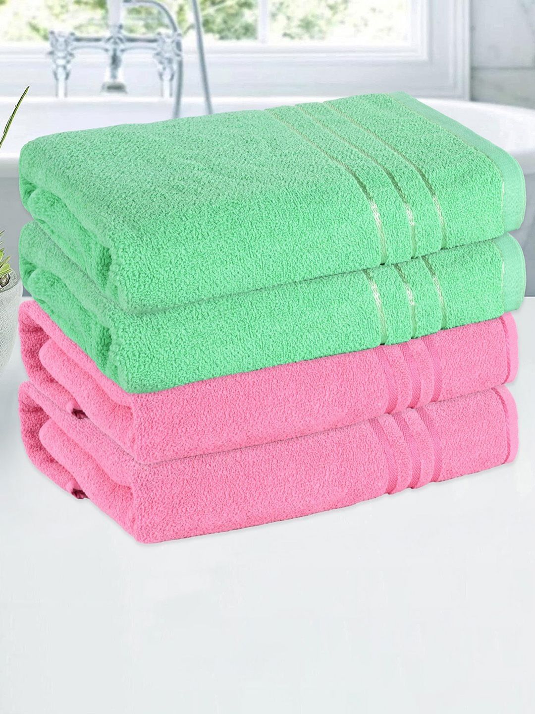 Kuber Industries Pink & Green 4 Pieces Striped Cotton 144 GSM Bath Towels-picture-41
