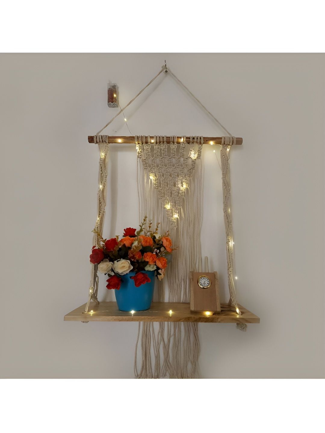 VAH Kya Bat Hai !! Brown Wooden Macrame Knotting LED Light Wall Hanging Shelf-image-25