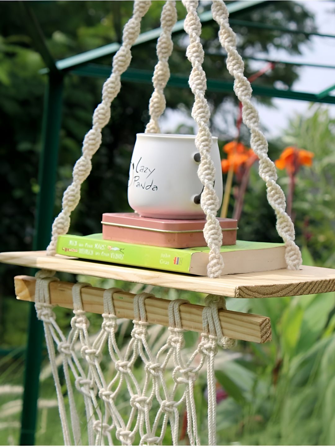VAH Kya Bat Hai !! White & Brown Pine Knotting Wall Hanging Macrame Wooden Floating Shelf-image-0