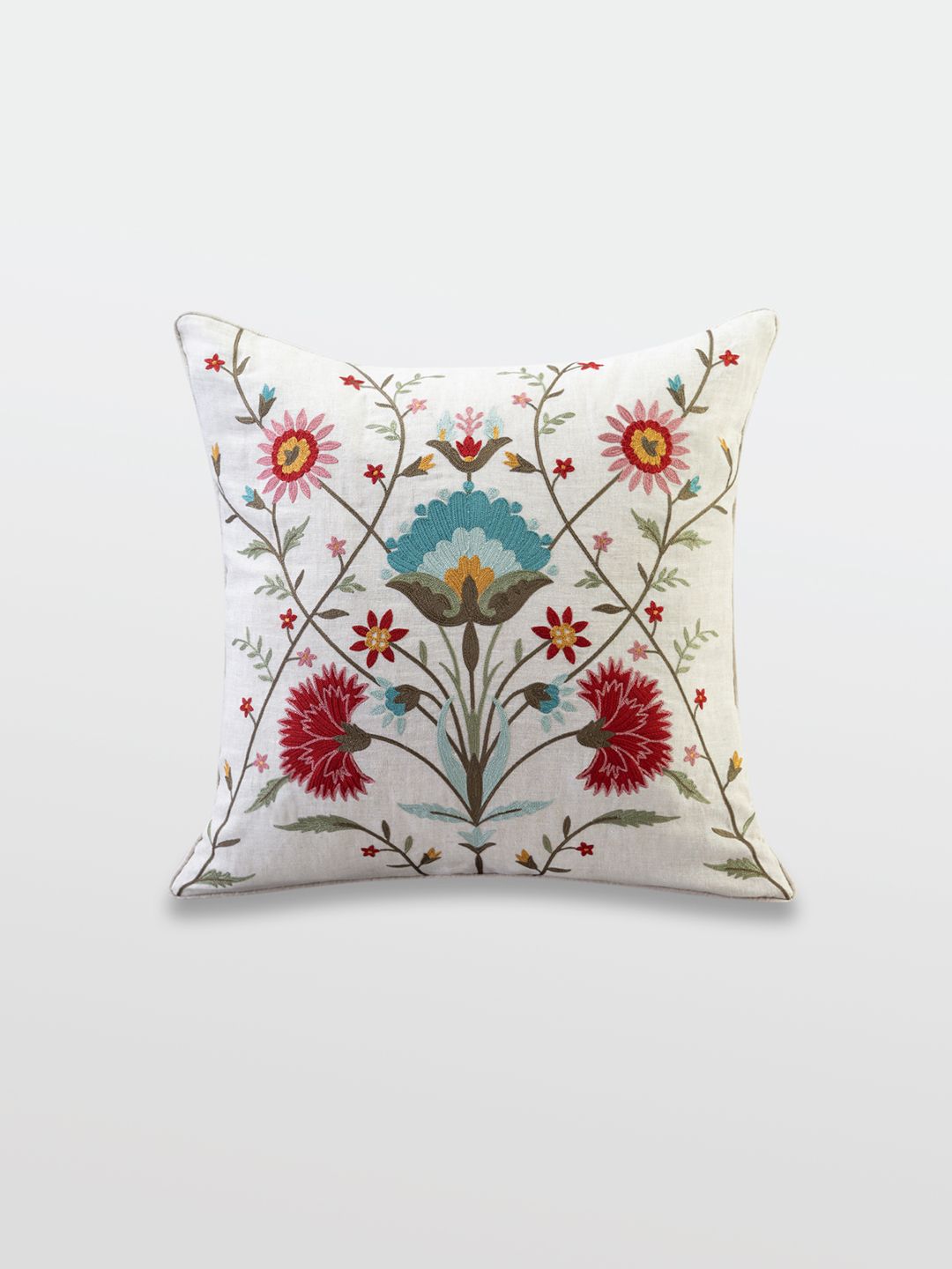 Mirooh White & Red Floral Embroidered Cotton Linen With Filler Cushion-picture-25