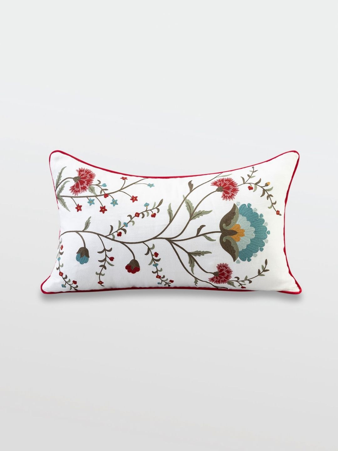 Mirooh White & Red Embroidered Cotton Linen Cushion-picture-11